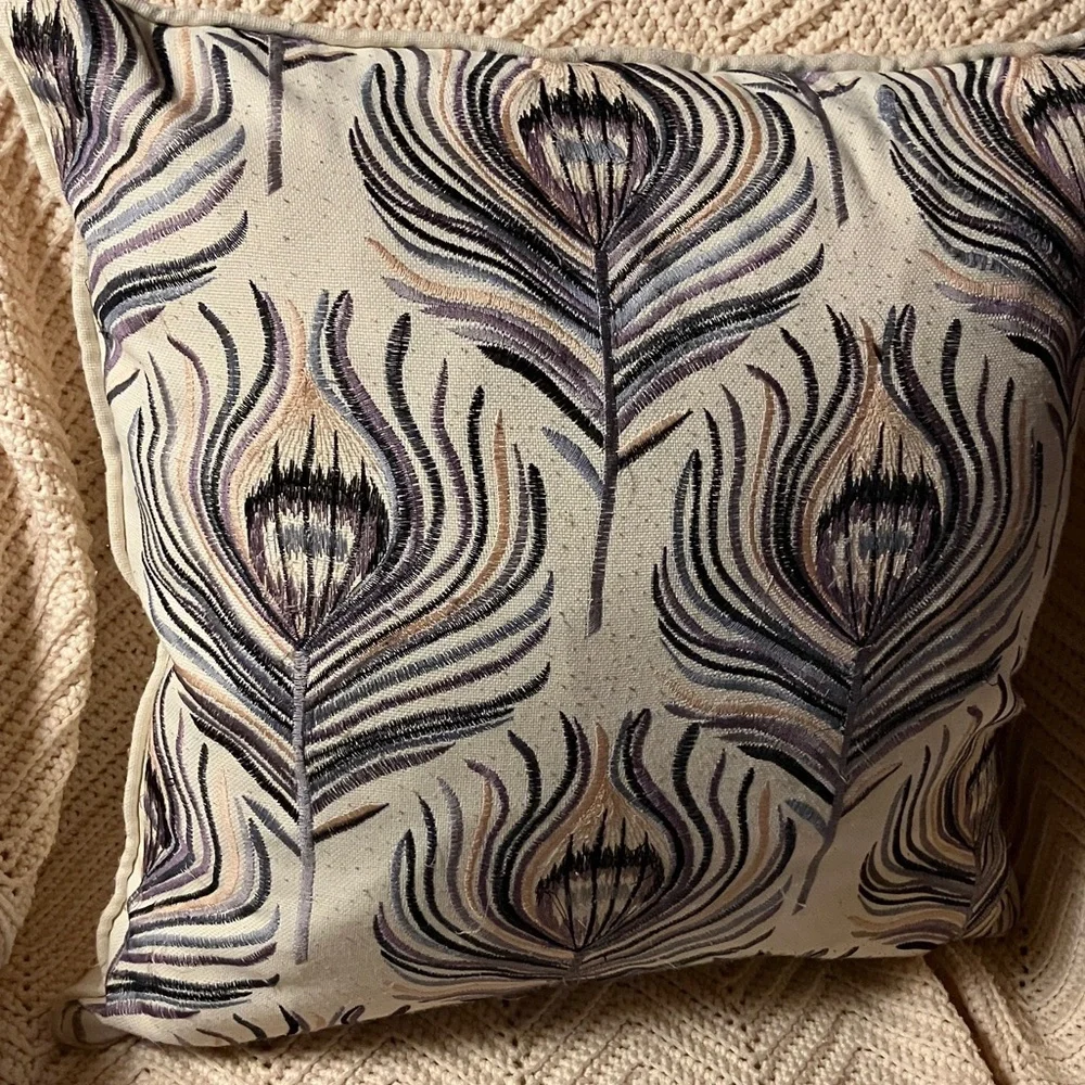 Peacock feathers embroidered throw pillow  with feather down insert